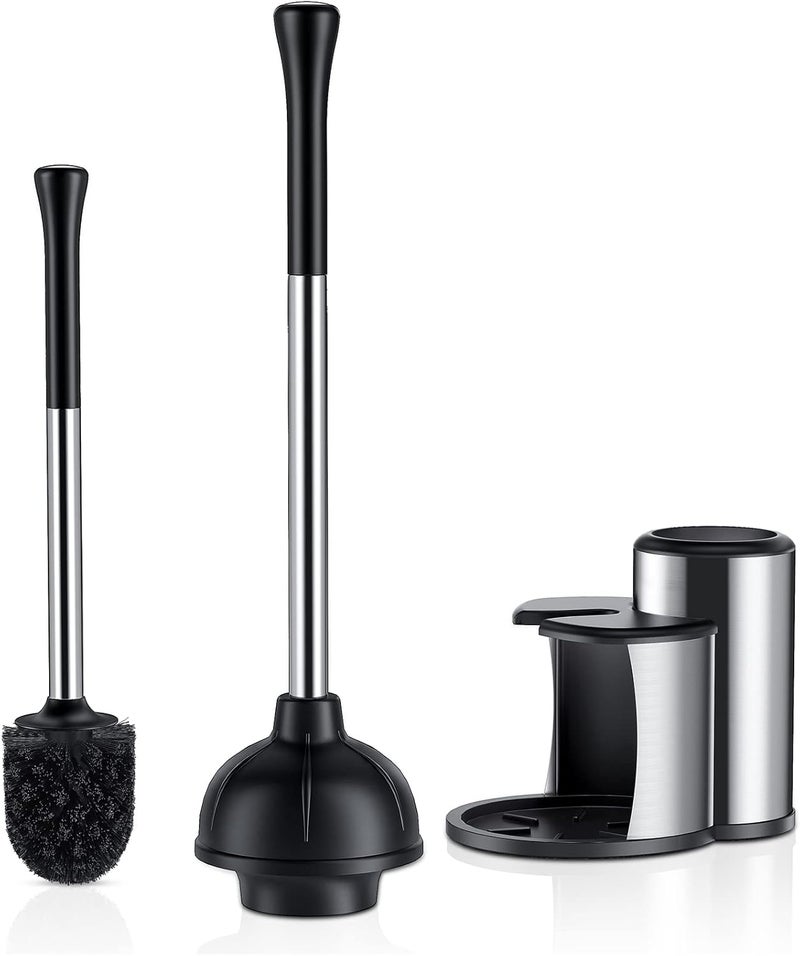 HAMITOR Toilet Plunger and Bowl Brush Set: 2 in 1 Stainless Steel Heavy Duty Toilet Cleaner Plunger with Holder Combo for Bathroom Cleaning - Modern Hideaway Bathroom Accessories with Caddy Stand - Image 1